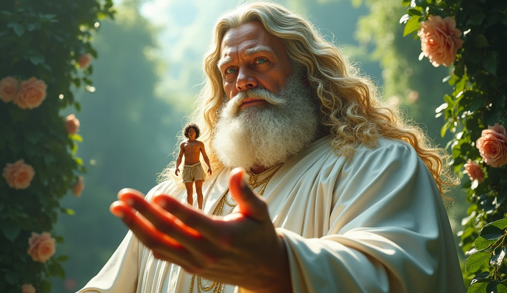 (master part, absurderes, highres, ultra detaild), 1 men, God Almighty, wavy blond hair, grown-up, blue colored eyes, white beard, male focus,Face pretty, white robe clothes, enchanting, Lovely, detailed eyes and face, 32K UHD, RAw style, in the garden of eden, gigantic man God, holding Adam in his hand, Adam is has tiny as God's little finger but has the body of a 20 years old male, Adam is 20 years old athletic body but he's as small as thumbelina.
