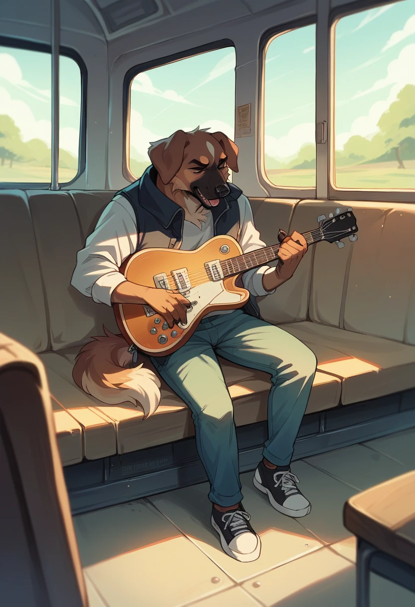 Dog playing guitar on top of a bus