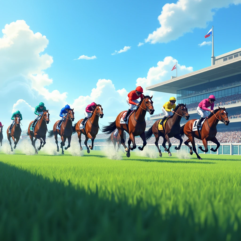 Tokyo Racecourse,Sunny,blue sky,12 horses in the race,The goal scene,Turf,A lot of people are watching,A lot of people,Image from the auditorium,(Close-up),(Highest quality,High resolution,Masterpiece,8K),