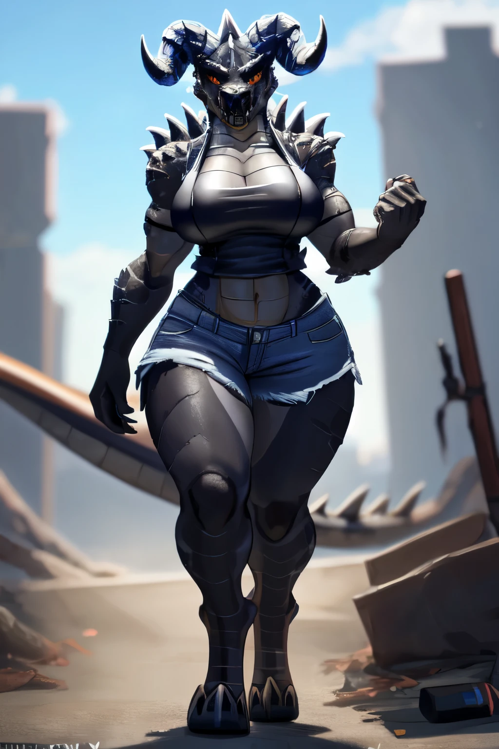 ((4k)), (best body), (sexy women), Solo, score_9,score_8_up,score_7_up, kemono style, Anthro deathclaw from fallout, Anthro reptile girl, snout, green scaled skin, gold eyes, black lips, black horns, black ram horns, athletic body, smiling, walking in a ruined city, holding a rusty gun, wearing bodyarmor, bulletproof vest, blue jean shorts and a blue tank top, sfw, intimidating woman, monstergirl, commission for high res, female dragonborn, well designed female dragon head, anthro lizard, female fursona, (diamond pupils), (large eyes)