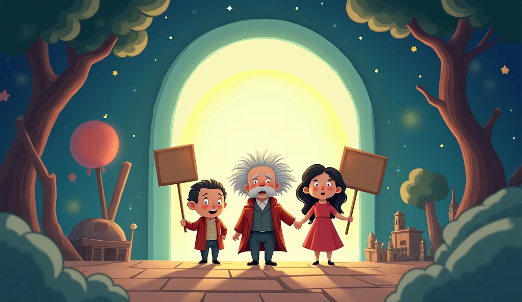 
    screen：Time tunnel opens，A beam of light shines out，Albert Einstein、Leonardo da Vinci and Wu Zetian walked out as cartoon characters，Look around curiously。
    action：They hold signs，Slowly step into this magical space that blends the past and the present。
