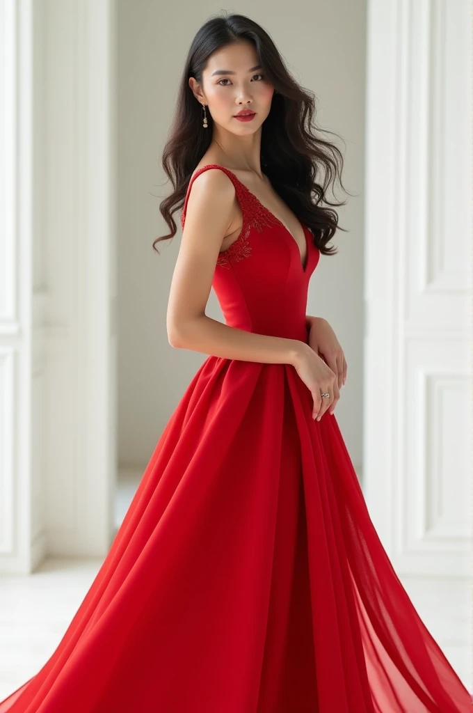 A 20 year beautiful model in red dress