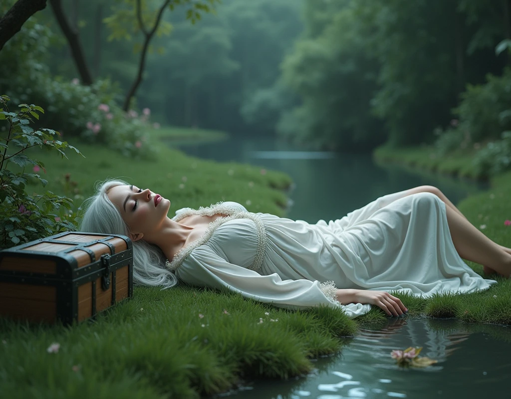 A woman with long white hair,she will wear a white cotton dress and wet,She will be lying on the grass of an enchanted garden and there will be a magical river near her..,I want a secret garden kind of vibe and'It's kind of sad,I want the climate closed like an air of sadness,I want a chest of secrets next to her,She will have her eyes closed and a tear coming out of one of her eyes.,I want her feet to show