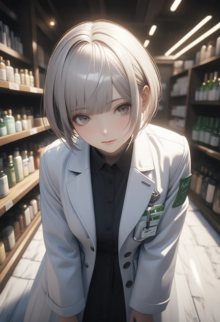 ((Highest quality)), ((masterpiece)), (detailed:1.4), Ray Tracing,NVIDIA,Super Resolution,Unreal 5,Scattered beneath the surface,PBR Texturing,Post-processing,Anisotropic Filtering,Depth of written boundary,Maximum clarity and sharpness,Female Pharmacist, (Look straight at me:1.3), (Polite service without tilting your head:1.2), (White Cheeks:1.3), (A white coat that hides the lines of the body:1.3), (No body line:1.3), (Super Short Hair:1.3) Cowboy Shot, 