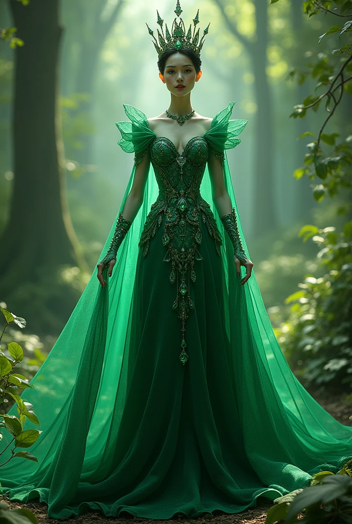 generates an emerald queen that looks sweet and kind but resembles the diamonds of Steven Universe but does not look so human that is like a queen of pure emeralds and that her skin tone is green
