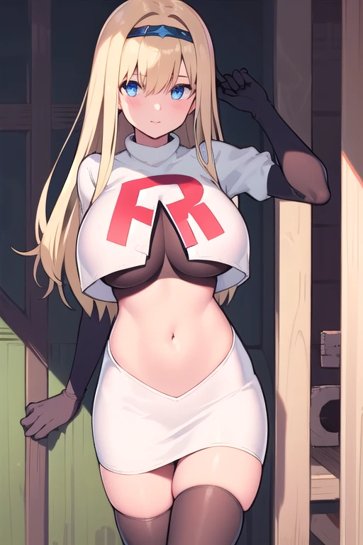 masterpiece, best quality,simple eyes,outdoors,1girl,north carolina,bangs, blonde_hair, blue_eyes,large breasts, eyebrows_visible_through_hair, hairband, long_hair, long_sleeves, looking_at_viewer, team rocket,team rocket uniform,white skirt,red letter R,crop top,black thigh-highs,black elbow gloves