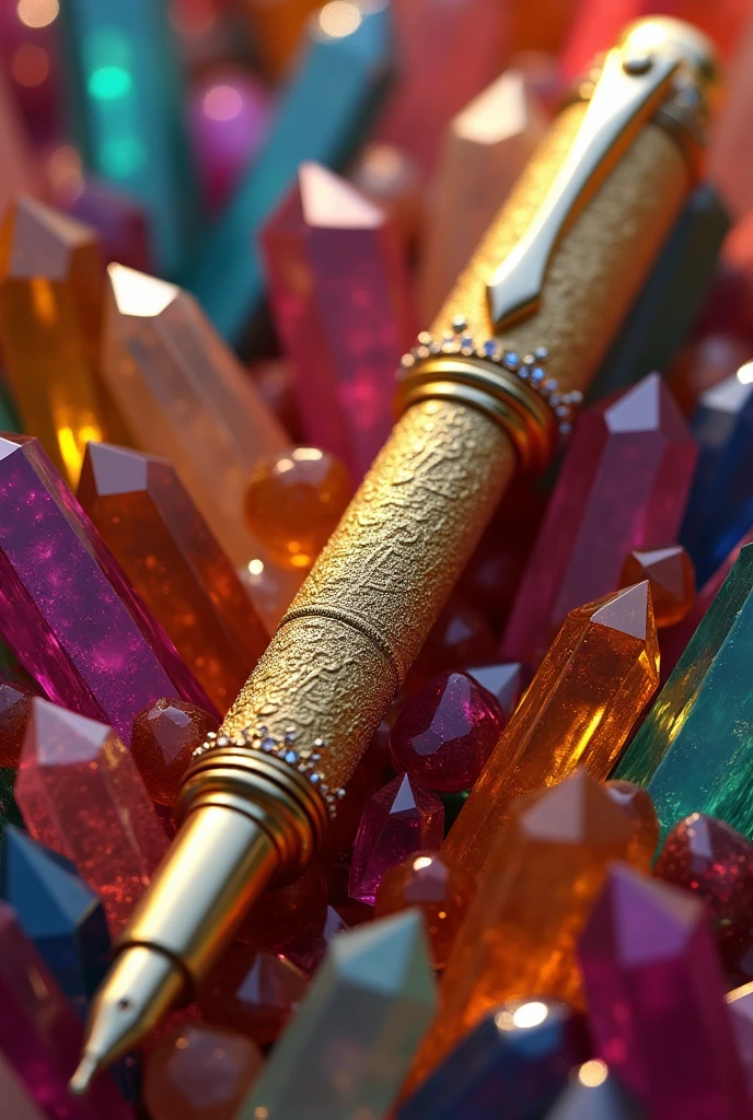 An exquisitely crafted and highly detailed 3D watercolor pen masterpiece, featuring a blend of gold, platinum, long color crystals, and gemstones. The central focus is a golden, intricately designed pen with platinum accents, resting on a bed of vibrant crystals. The signature "Buenas Noches Grupo" is elegantly inscribed in beveled gold capital letters, adding a touch of class and sophistication. Beneath the signature, the author's name, "que descansen," is delicately written in the same elegant style. The overall image is a stunning 4K rendering, showcasing the artist's impressive ability to create hyper-realistic, conceptual art with a rich and vivid color palette.