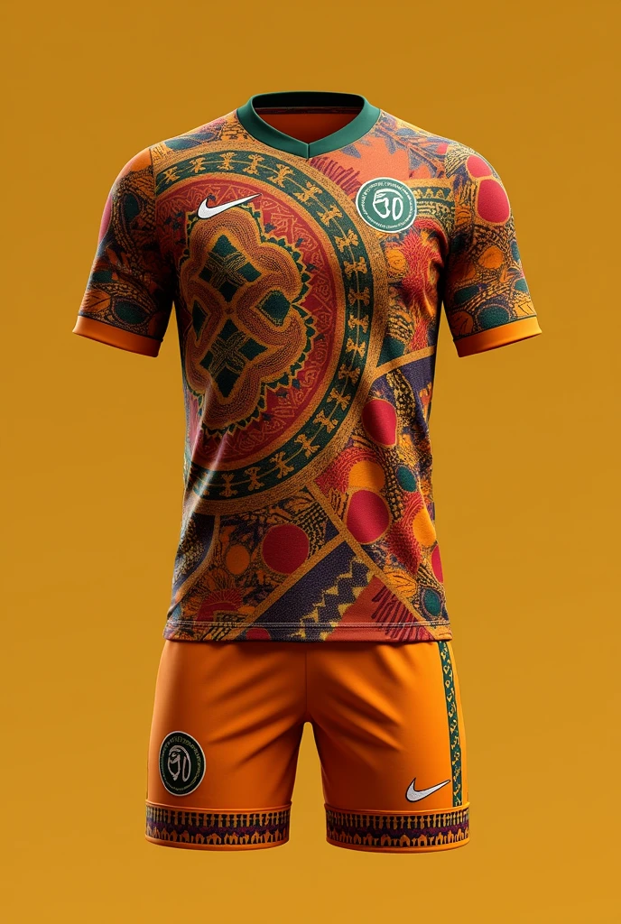 Make a football kit with this style, African Ethnic Style: T-shirt with a vibrant pattern of ethnic African prints in warm colors such as orange, the red, yellow and brown. The collar and sleeves have edges that imitate traditional fabrics.. The team&#39;s crest is a circular design that incorporates cultural symbols. The shorts are a solid color with details that continue the ethnic pattern..
