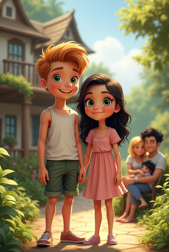 Brothers, two children, one tall, fair skinned, strawberry blonde hair, green eyes, wearing shorts and a tank top, next to his sister, one with medium-length, wavy black hair and amber eyes, wearing a pink dress, in a garden in the background, a beautiful house playing with their parents in the background, a couple, an extremely handsome tanned man with green eyes, black wavy hair, a defined body, and a woman in a white dress, amber eyes, strawberry blonde hair, fair skin, and a on her lap with black hair.