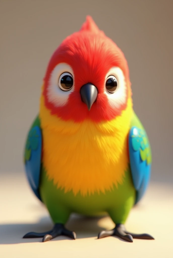 3d pixar style animation, of a bird with a red head with white cheeks, yellow chest and blue wings, of the rosella species Parakeet-omnicolor platycercus eximius, with a neutral background in the image