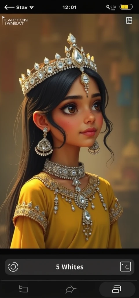 An Indian girl, with white tone, black golden hair, mole over the lips and right eyebrow,white diamond crown on head , with diamond ornaments wearing royal Indian dress.