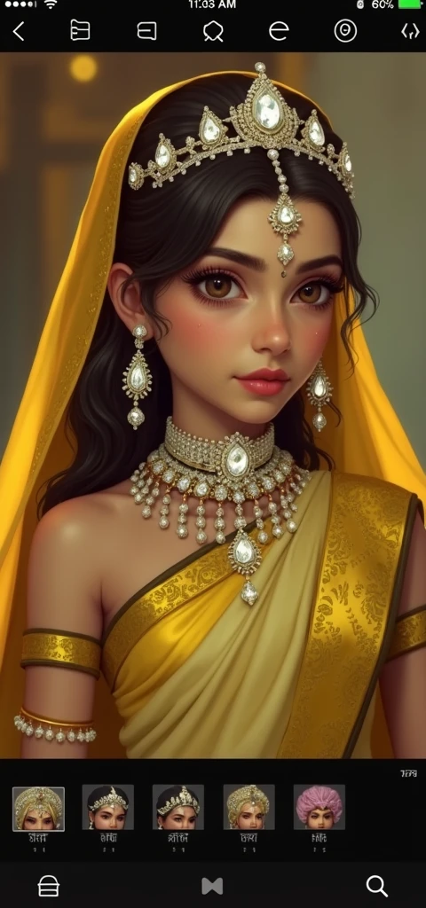 An Indian girl, with white tone, black golden hair, mole over the lips and right eyebrow,white diamond crown on head , with diamond ornaments wearing royal Indian dress.