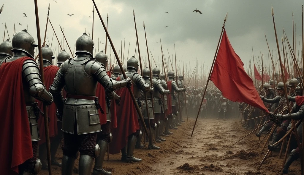 An artistic representation of the Battle of Agincourt, featuring knights in shining armor, longbowmen ready to fire, and a chaotic battlefield. The image captures the drama and scale of the war, with muddy terrain, fallen soldiers, and the intensity of combat. The sky is overcast, adding to the tension of the scene. The style is reminiscent of Edmund Blair Leighton, with detailed and expressive figures, realistic armor, and a sense of historical accuracy blended with artistic flair., Surrealism, Hyperrealism, UHD, retina, masterpiece, accurate, anatomically correct, textured skin, super detail, high quality, award winning, 16k