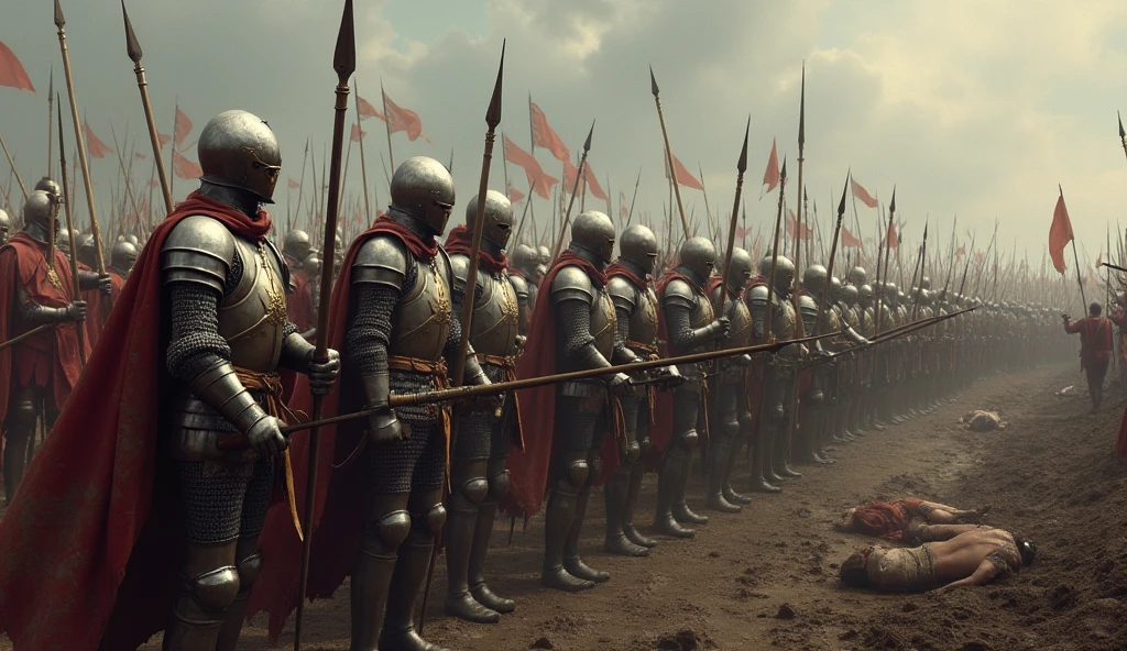An artistic representation of the Battle of Agincourt, featuring knights in shining armor, longbowmen ready to fire, and a chaotic battlefield. The image captures the drama and scale of the war, with muddy terrain, fallen soldiers, and the intensity of combat. The sky is overcast, adding to the tension of the scene. The style is reminiscent of Edmund Blair Leighton, with detailed and expressive figures, realistic armor, and a sense of historical accuracy blended with artistic flair., Surrealism, Hyperrealism, UHD, retina, masterpiece, accurate, anatomically correct, textured skin, super detail, high quality, award winning, 16k
