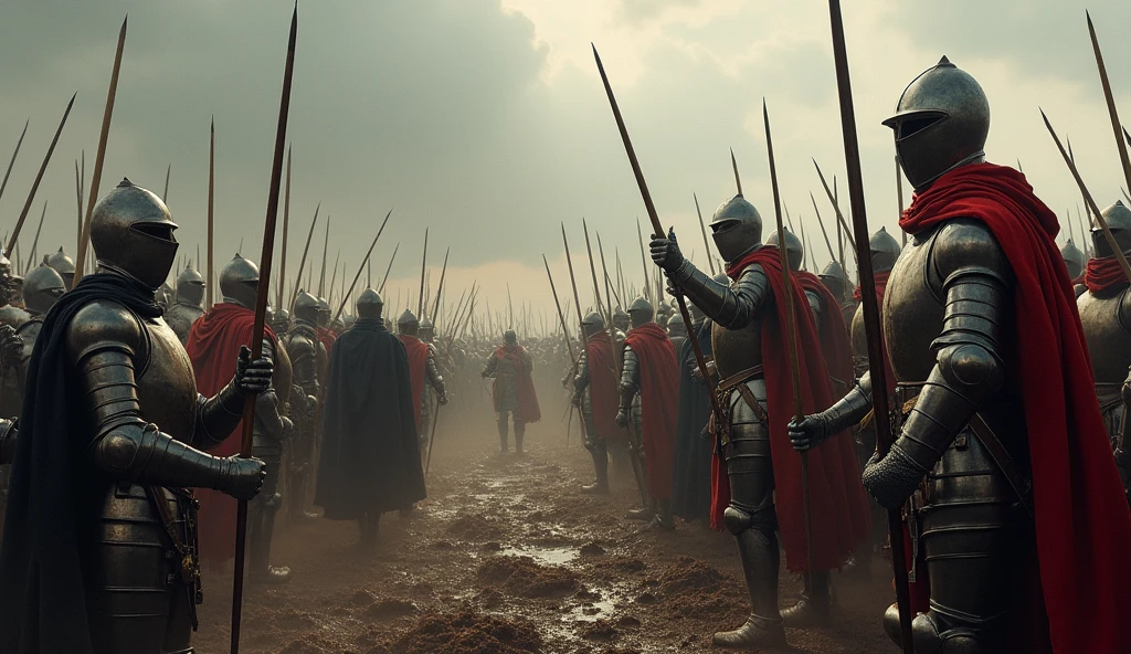 An artistic representation of the Battle of Agincourt, featuring knights in shining armor, longbowmen ready to fire, and a chaotic battlefield. The image captures the drama and scale of the war, with muddy terrain, fallen soldiers, and the intensity of combat. The sky is overcast, adding to the tension of the scene. The style is reminiscent of Edmund Blair Leighton, with detailed and expressive figures, realistic armor, and a sense of historical accuracy blended with artistic flair., Surrealism, Hyperrealism, UHD, retina, masterpiece, accurate, anatomically correct, textured skin, super detail, high quality, award winning, 16k