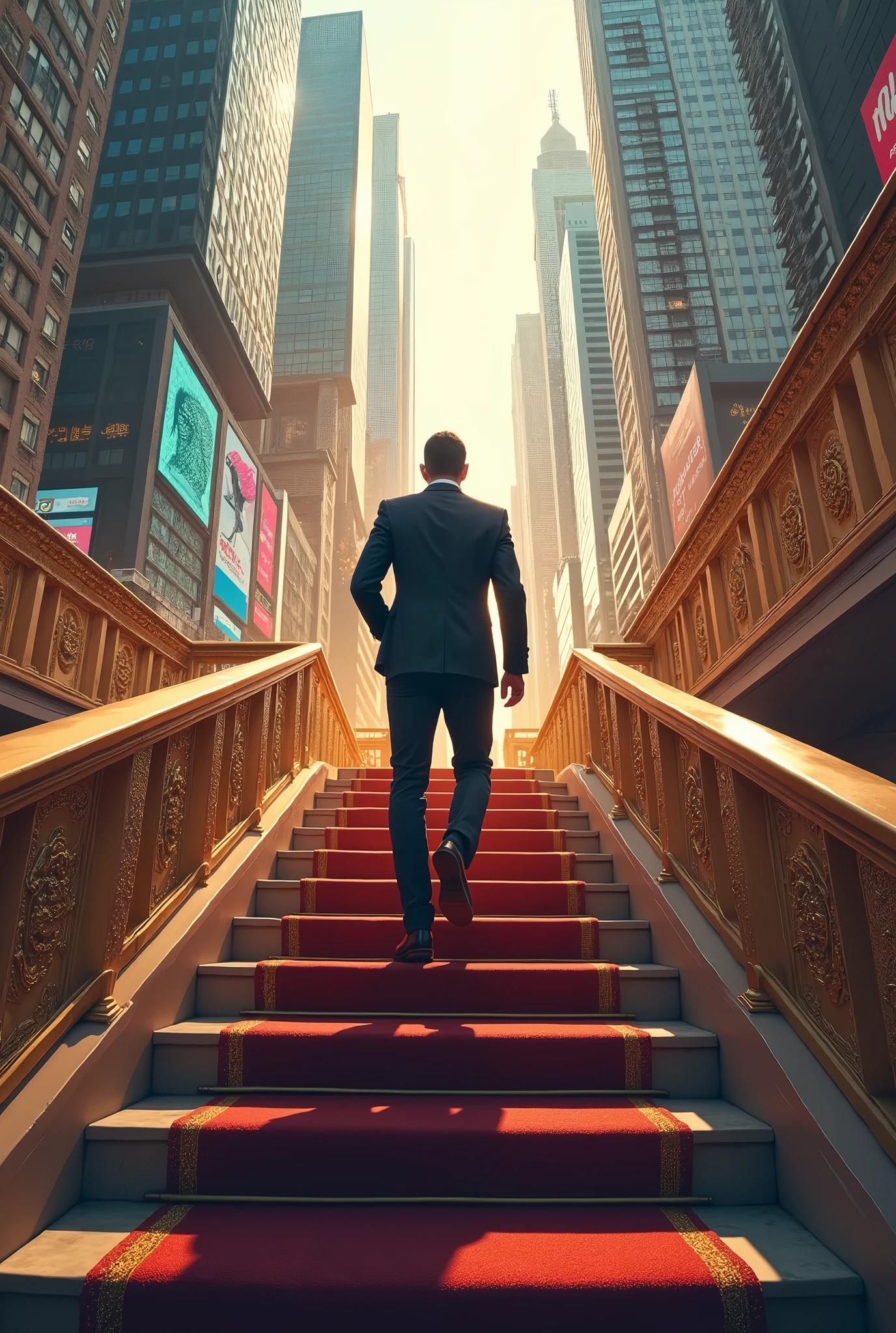 A man climbing in up direction of the success stairs of wealth abundance and prosperity in the beautiful city 