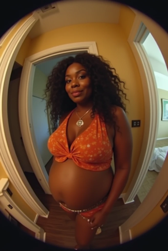 Your eye view POV when Cardi B's stepmother with a plus size body who is very pregnant and has thick lips wants to invite you to kiss her alone in the room. fisheye camera view, iphone camera style. 8k hd, realface, cinematic
