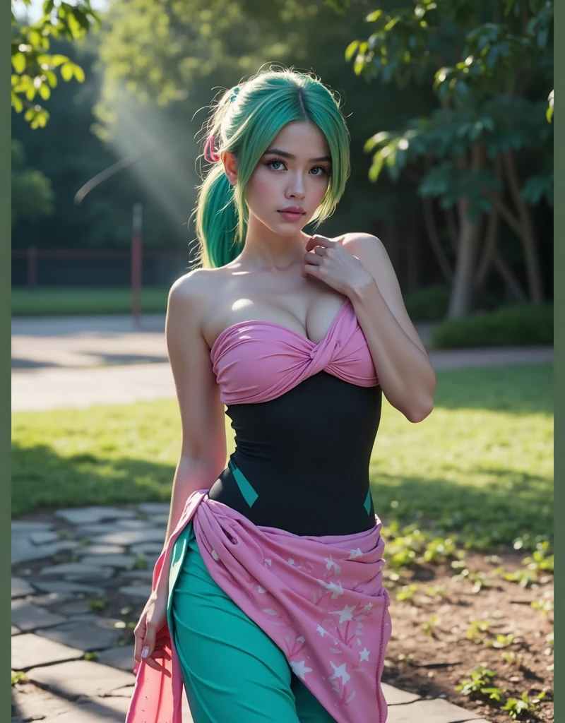 A beautiful young woman with wet cyan hair and alluring blue eyes, poses gracefully after an intense workout, masterpiece, high quality, 8k, photorealistic, dynamic lighting, glowing skin, beads of sweat, detailed facial features, ripped athletic physique, sensual expression, outdoor morning scene, lush green foliage, warm sun rays, serene atmosphere, big breasts, voluptuou