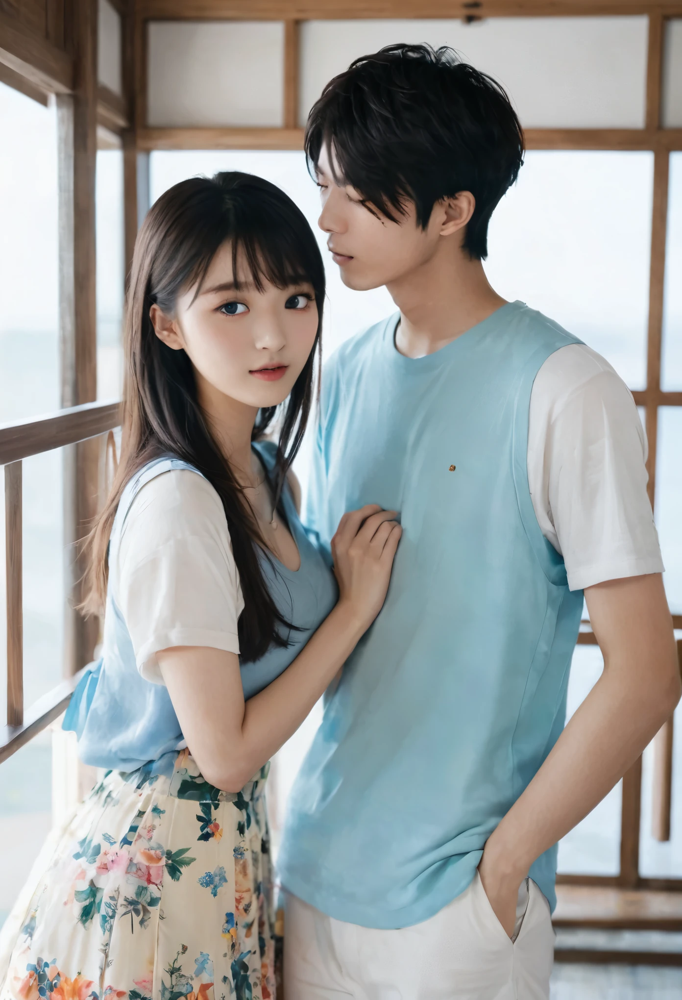 （1girll,1人,couple）there is a man and woman that are posing for a picture, a picture by Tadashi Nakayama, Tumblr, shin hanga, Ruan Jia and Fenghua Zhong, yanjun cheng, Kim Do-young, cute couple, couple pose, huang yuxing and aya takano, shaxi