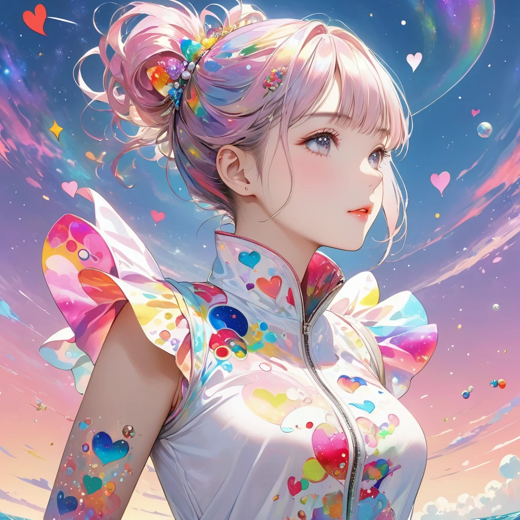 A colorful Takashi Murakami-inspired abstract design, 1girl,  colorful hearts, simple line art, funny design, space background, best quality,water color paint, 8k, highres, masterpiece, ultra-detailed, realistic, photo-realistic, HDR, uhd, vivid colors, surreal, psychedelic handwritten style
