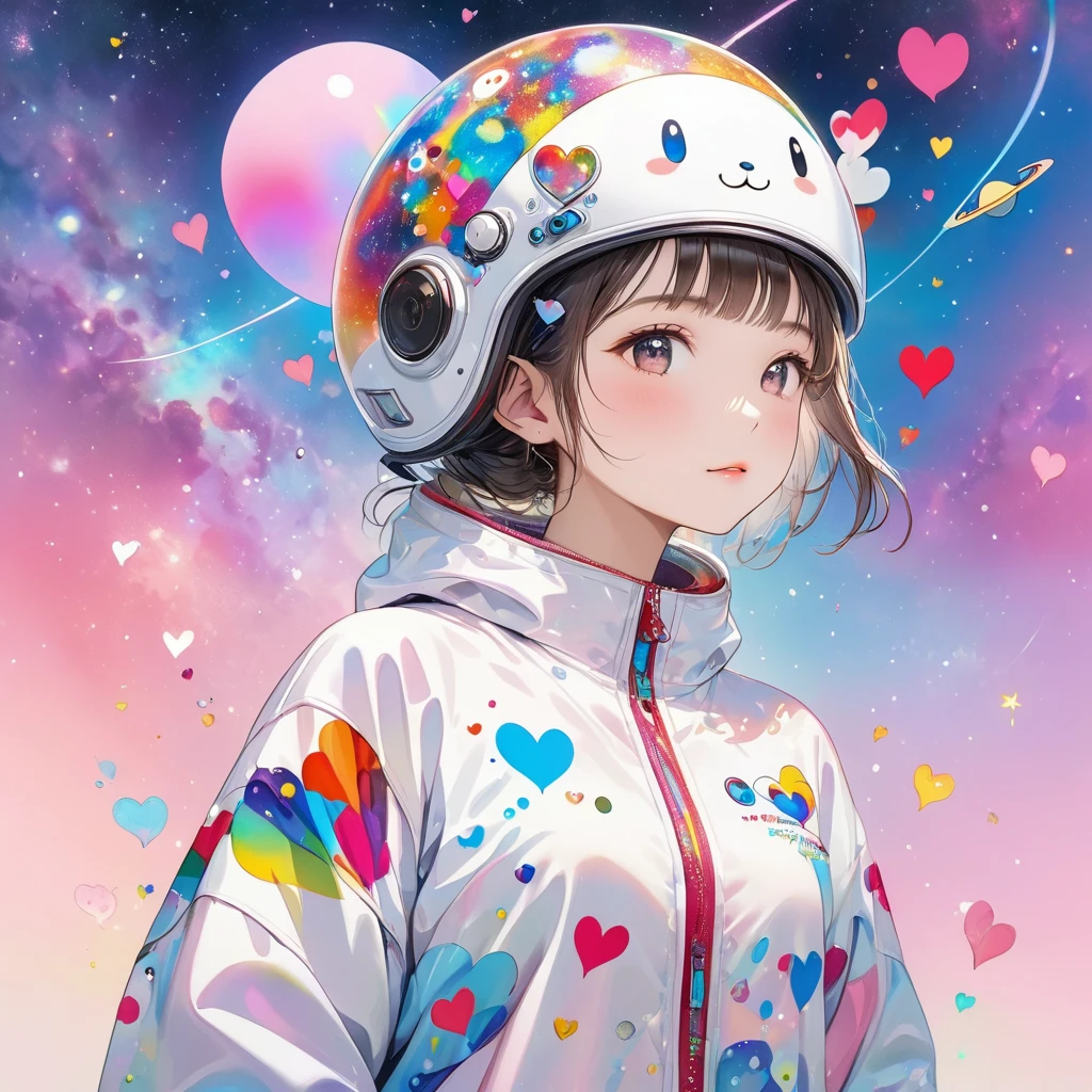 A colorful Takashi Murakami-inspired abstract design, 1girl,  colorful hearts, simple line art, funny design, space background, best quality,water color paint, 8k, highres, masterpiece, ultra-detailed, realistic, photo-realistic, HDR, uhd, vivid colors, surreal, psychedelic handwritten style