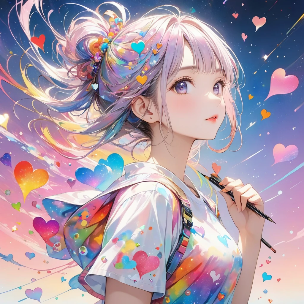 A colorful Takashi Murakami-inspired abstract design, 1girl, colorful hearts, simple line art, funny design, space background, best quality,water color paint, 8k, highres, masterpiece, ultra-detailed, realistic, photo-realistic, HDR, uhd, vivid colors, surreal, psychedelic handwritten style