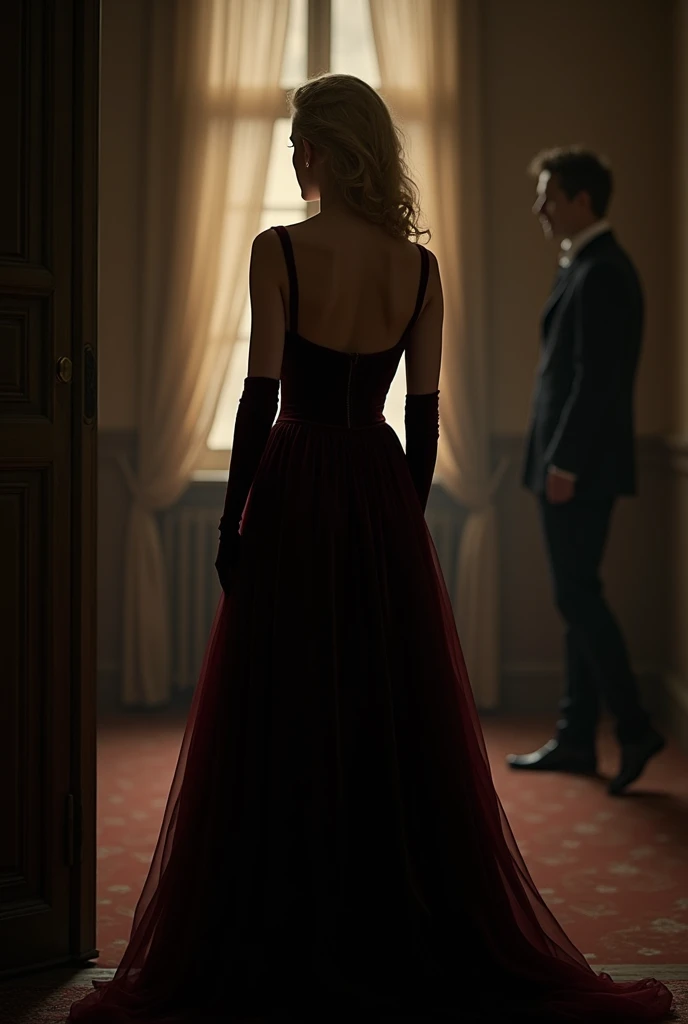 a woman with fair hair with her back turned, long velvet gloves on her hands, in the background a room lit by a window a man standing