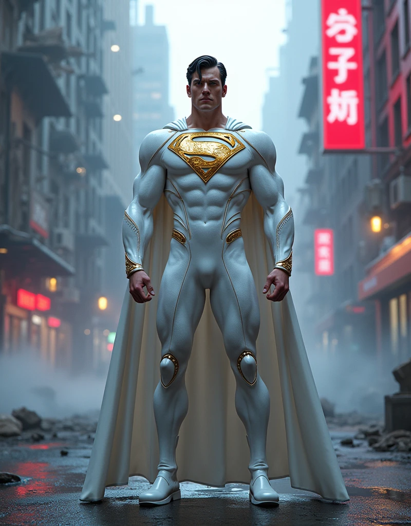 1. Generate a 3D render of a superhero dressed in a pristine white suit super man S logo in chest centre position adorned with ornate, gothic-style reliefs made of gold and marble. The superhero stands confidently in the middle of a neon city street cyberpunk, surrounded by the smoky aftermath of a demolished cityscape. The scene is illuminated by scattered beams of light.