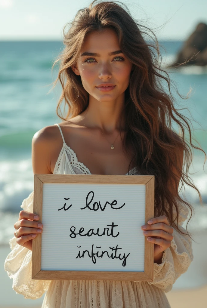 Beautiful girl with wavy long hair, bohemian dress, holding a white board with text "I Love Seaart Infinity" and showing it to the viewer