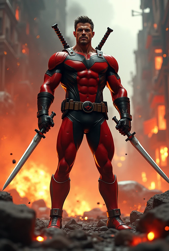 A muscular man in a red and black costume, swords on his back, standing in a dynamic action pose, smirking, surrounded by explosions and chaos, highly detailed, cinematic lighting, vibrant colors, comic book style