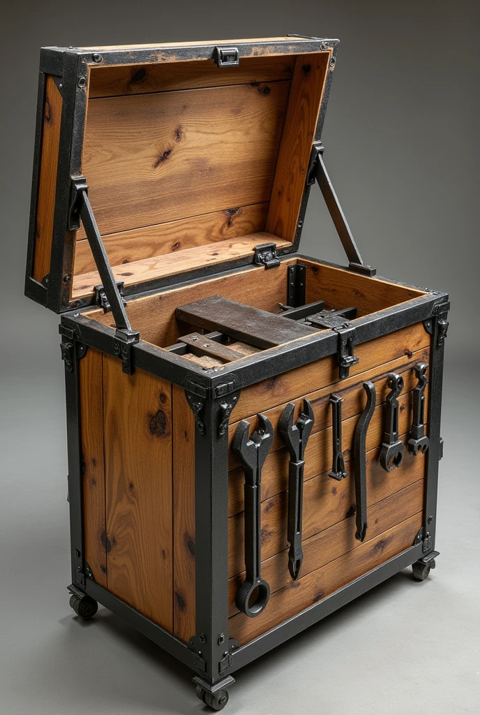 Table that contains tools inside and opens and closes, 1 meter of wood and iron