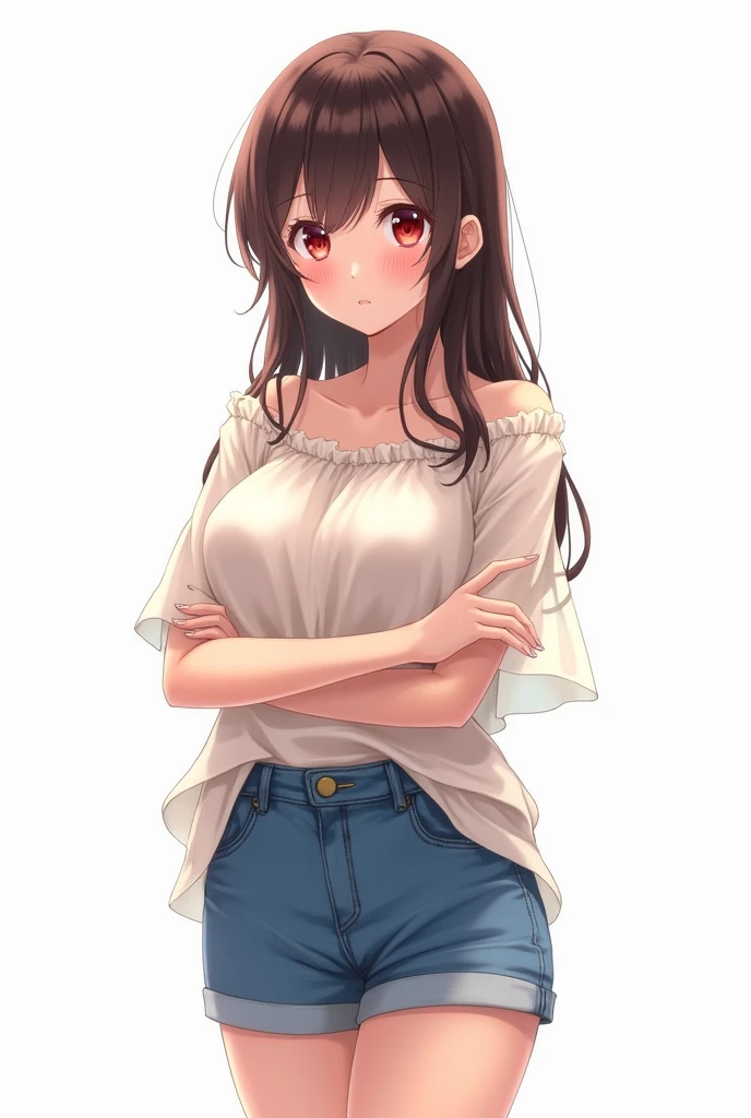 A girl, very pretty, Red eyes, by white, big breasts, with a comfortable blouse and short blue shorts, anime style