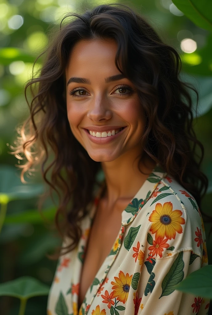 A Brazilian woman in a lush tropical garden, wearing an open shirt with a floral print, with a close-up capturing the harmonious beauty between her breasts and the natural flowers, showing off your natural charm and outgoing personality.