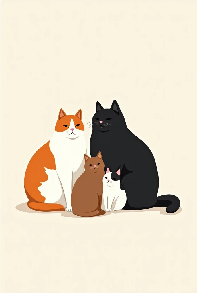 create me a wallpaper of 4 cats together 1 orange with white with lots of hair big 1 big chubby black 1 big brown with white 1 only white with black small not so small in minimalist style drawing