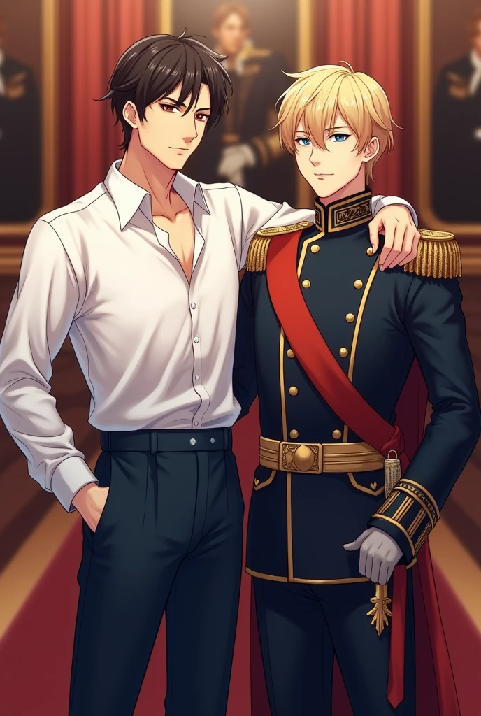 (Masterpiece: 1.4, highest image quality)),two young men facing each other in church　,and 
 highest image quality, extremely cute and beautiful 2young mens,(beautiful young man very short blonde hair and red eyes and military uniform:1.2),and highest image quality, extremely cute and beautiful 2young mens,(cute young man and green hair and big eyes and white clergy robes:1.2) ,dynamic pose,smile
