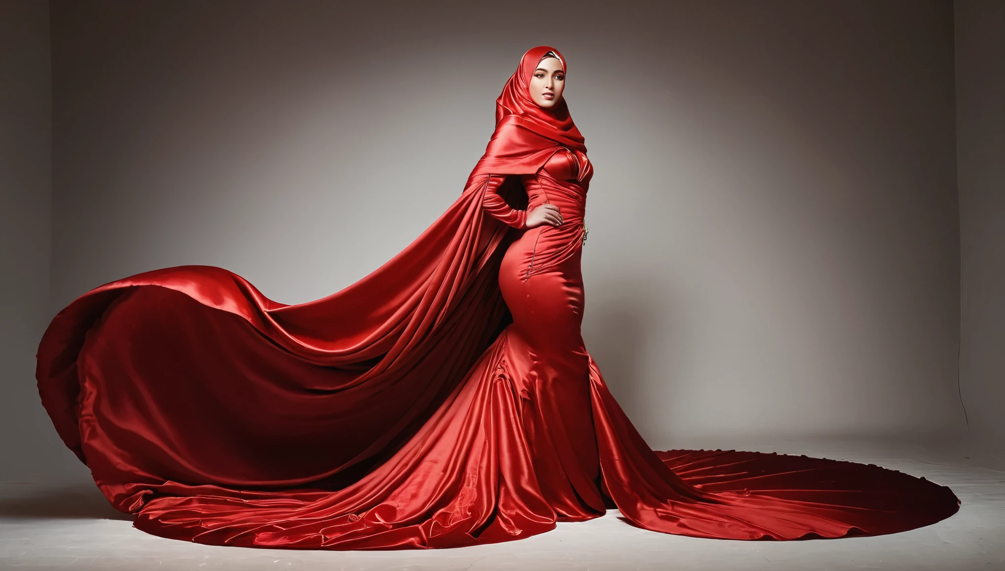A woman shrouded in a 10-meter-long, plush red satin cloth, tightly bound and grandly draping along the form of her body, flowing off into a pooled floor-length train, styled in a mermaid-inspired outfit, her head modestly veiled in a satin hijab, tall woman, walking in photo studio, a full-body pose posing in front of people, captured in a 4k resolution, ultra-realistic