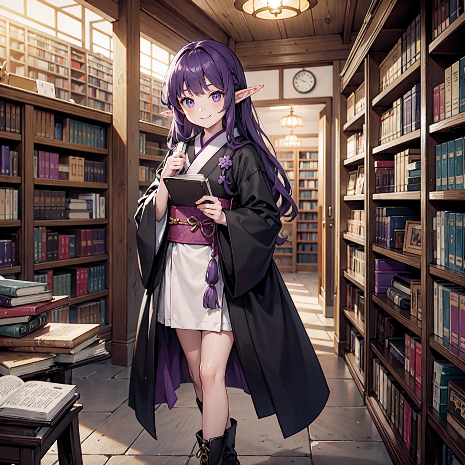The library at night, a little dimly lit. A girl grabs a book from a bookshelf. She fishes through the bookshelf. Which book shall I choose? A happy smile. Her eyes are on the book. Nostalgic. Purple hair. A girl with long purple hair. Pointy elf ears. Her clothes are simple: a black robe with wide sleeves and a black miniskirt. Knees showing. V-shaped white inserts on the front like a kimono. Black boots. Standing unattended, dilapidated library. Lots of bookshelves.