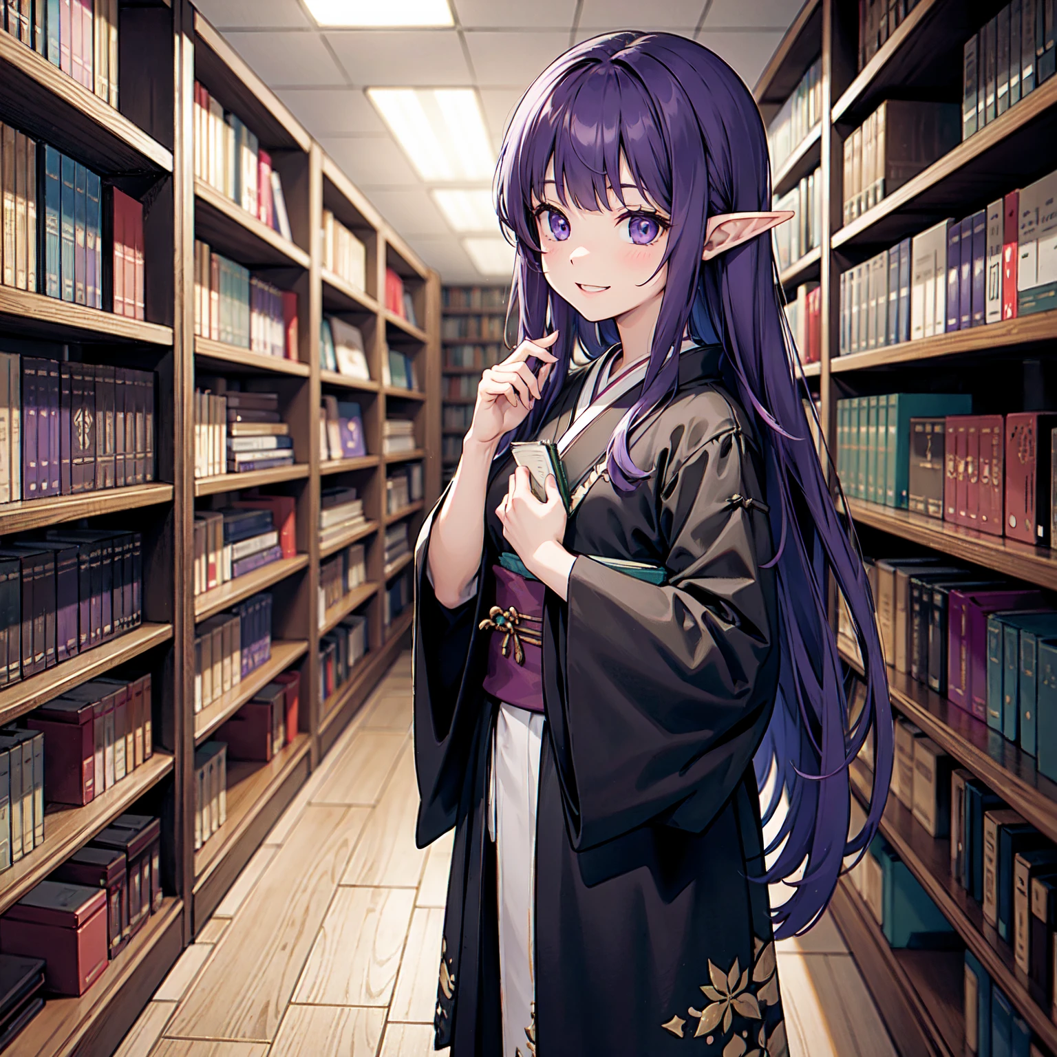 The library at night, a little dimly lit. A girl grabs a book from a bookshelf. She fishes through the bookshelf. Which book shall I choose? A happy smile. Her eyes are on the book. Nostalgic. Purple hair. A girl with long purple hair. Pointy elf ears. Her clothes are simple: a black robe with wide sleeves and a black miniskirt. Knees showing. V-shaped white inserts on the front like a kimono. Black boots. Standing unattended, dilapidated library. Lots of bookshelves.