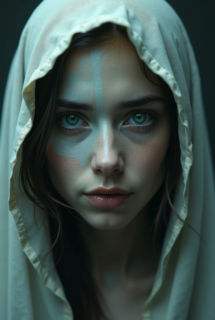 A woman half of whom looks like a ghost, and the other half the confused face coming out from under the cloth.