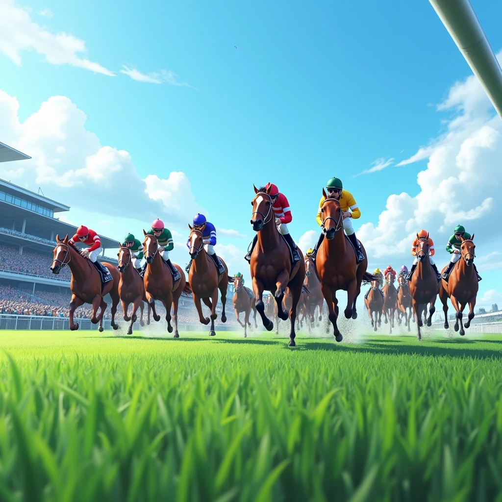 Tokyo Racecourse,Sunny,blue sky,12 horses in the race,The goal scene,Turf,A lot of people are watching,A lot of people,Image from the auditorium,(Close-up),(Highest quality,High resolution,Masterpiece,8K),