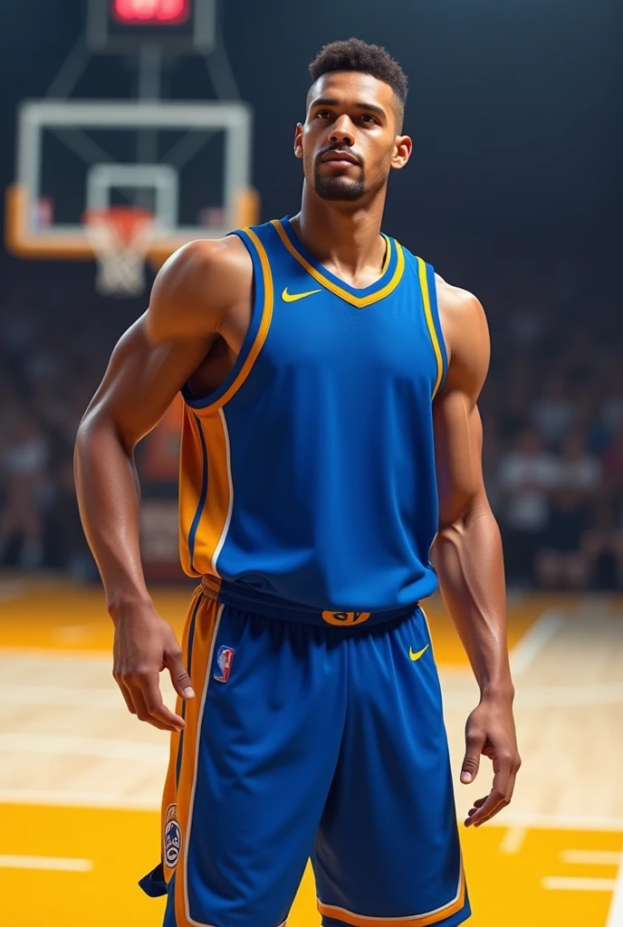 blue and gold non-NBA basketball jersey
