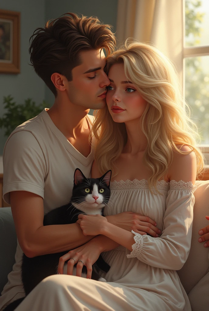 I'm writing a lesbian novel where the elder one in the lead couple is feminine but not so feminine she's 5'8" tall has long silky blonde hair with sea blue eyes and the younger one has dar brown short boy cut hair. She is masculine and has emerald green eyes she's around 6'2" tall. My novel title is WOVEN TOGETHER.
So I want my cover to be something romantic a homely and a little realistic and they both have cats an orange boy and a black and white girl cat. I want you to make a little realistic cover picture for me