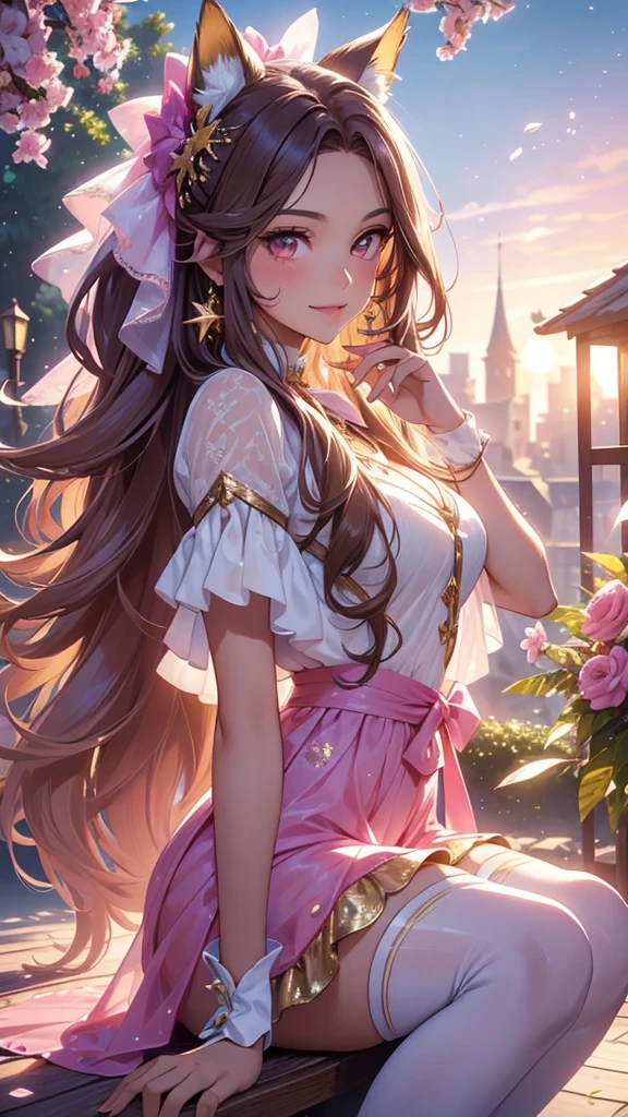 (best quality,4k,8k,highres,masterpiece:1.2),ultra-detailed,(realistic,photorealistic,photo-realistic:1.37),acrylic painting,beautiful Brazilian model in a uniform outfit with downy hair,beautiful Brazilian model with extremely colorful brown hair and detailed facial features,beautiful Brazilian model standing in a beautiful garden surrounded by a starry sky,brown hair,beautiful Brazilian model wearing a vibrant pink and teal uniform outfit,beautiful Brazilian model with intricate accessories,cat ears, ,beautiful Brazilian model with long flowing twintails,beautiful Brazilian model with bright brown eyes and rosy lips,beautiful Brazilian model with a joyful expression,beautiful Brazilian model in a dynamic pose with cherry blossoms falling around her,beautiful Brazilian model surrounded by colorful flowers and butterflies,beautiful Brazilian model's school uniform outfit adorned with cute bows and lace details,beautiful Brazilian model with an enchanting smile,beautiful Brazilian model with soft, pastel-colored shading,beautiful Brazilian model with a magical glow illuminating her,beautiful Brazilian model in a picturesque setting with a winding path leading to a magnificent castle,beautiful Brazilian model with a fairytale-like background,beautiful Brazilian model with a soft, dreamy atmosphere,beautiful Brazilian model with a subtle bokeh effect,beautiful Brazilian model standing under a sunny sky,beautiful Brazilian model with a warm, golden sunset in the background,beautiful Brazilian model surrounded by twinkling stars and colorful nebulae,creating an ethereal and captivating artistic masterpiece, sitting down, facing camera.