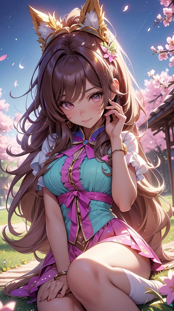 (best quality,4k,8k,highres,masterpiece:1.2),ultra-detailed,(realistic,photorealistic,photo-realistic:1.37),acrylic painting,beautiful Brazilian model in a uniform outfit with downy hair,beautiful Brazilian model with extremely colorful brown hair and detailed facial features,beautiful Brazilian model standing in a beautiful garden surrounded by a starry sky,brown hair,beautiful Brazilian model wearing a vibrant pink and teal uniform outfit,beautiful Brazilian model with intricate accessories,cat ears, ,beautiful Brazilian model with long flowing twintails,beautiful Brazilian model with bright brown eyes and rosy lips,beautiful Brazilian model with a joyful expression,beautiful Brazilian model in a dynamic pose with cherry blossoms falling around her,beautiful Brazilian model surrounded by colorful flowers and butterflies,beautiful Brazilian model's school uniform outfit adorned with cute bows and lace details,beautiful Brazilian model with an enchanting smile,beautiful Brazilian model with soft, pastel-colored shading,beautiful Brazilian model with a magical glow illuminating her,beautiful Brazilian model in a picturesque setting with a winding path leading to a magnificent castle,beautiful Brazilian model with a fairytale-like background,beautiful Brazilian model with a soft, dreamy atmosphere,beautiful Brazilian model with a subtle bokeh effect,beautiful Brazilian model standing under a sunny sky,beautiful Brazilian model with a warm, golden sunset in the background,beautiful Brazilian model surrounded by twinkling stars and colorful nebulae,creating an ethereal and captivating artistic masterpiece, sitting down, facing camera. 
