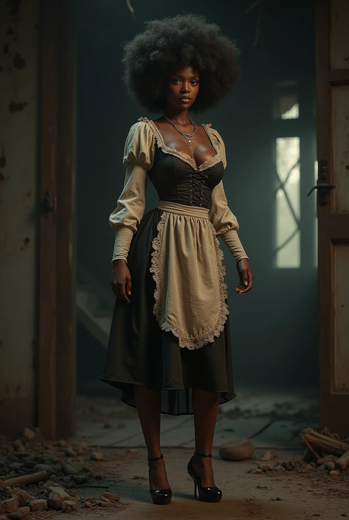 Hot cute fit tall thin African American black female. With fluffy hair. Massive xxl round breasts. Wearing a Coif headwear with a sexy Smock and a sexy Waistcoat. And a sexy Apron. With a sexy Petticoat (“skirt”) and Latchet shoes. Standing in a horrifying creepy spooky dark abandoned cabin.