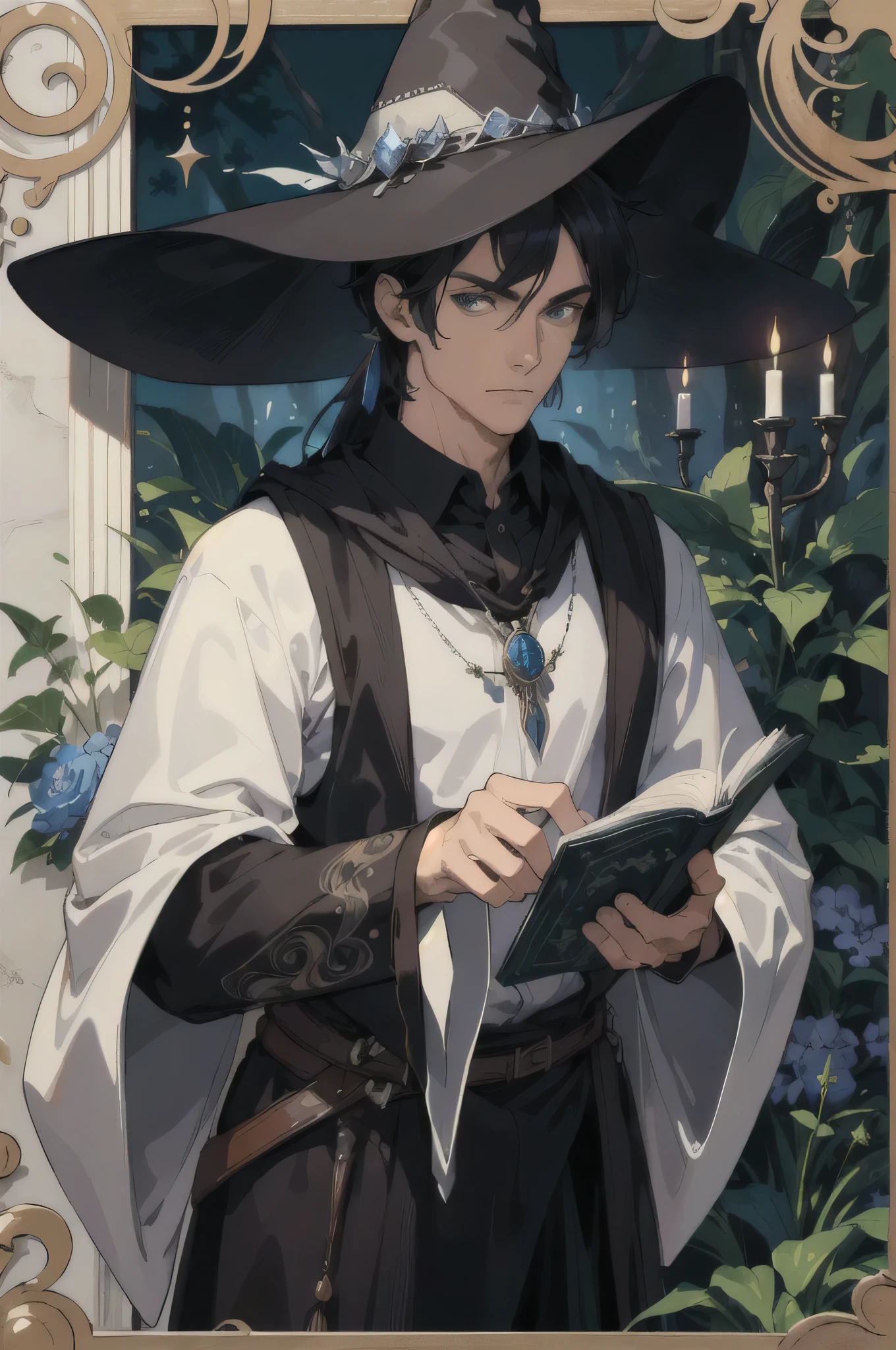 masterpiece, best quality, 1 male, adult, tall muscular, handsome, finely detailed eyes, intricate details, wizard, black hat with a pointed brim, broomstick with a carved handle, spellbook with a variety of spells, potion bottles with various ingredients, enchanted forest with a hidden wizard hut