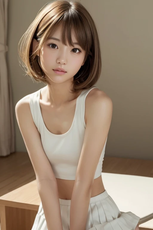 masterpiece, Best image quality, high quality,(super detailed), (wallpaper), (detailed face), 1 person,orz,all fours, full body, from side, ass focus, adult female,Japanese, detailed, detailed eyes, detailed skin, Beautiful Skin, Ultra-high resolution, (reality: 1.4),so beautiful, Beautiful Skin, thin, The finer details, detailed face, Realistic photos, Bright lighting, Iris、Brown Hair, Short Hair, Stylish bangs、thin眉毛、On all fours,whole body,indoor,White tank top、Shorts、barefoot