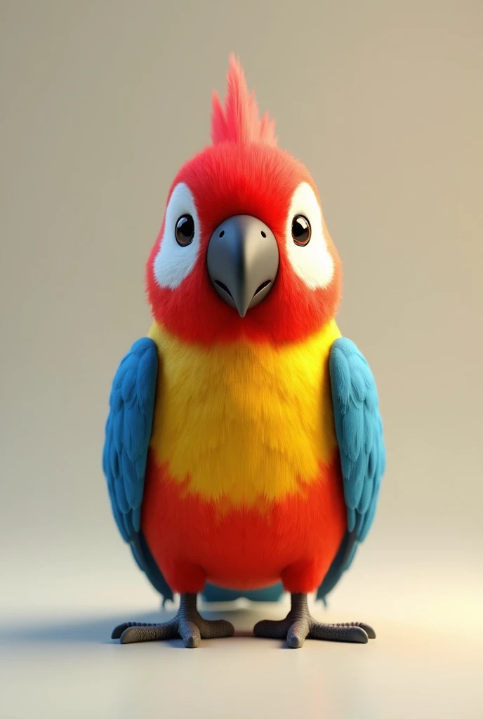 3d animation, of a bird with a red head with white cheeks, yellow chest and blue wings, of the rosella species Parakeet-omnicolor platycercus eximius, with a neutral background in the image
