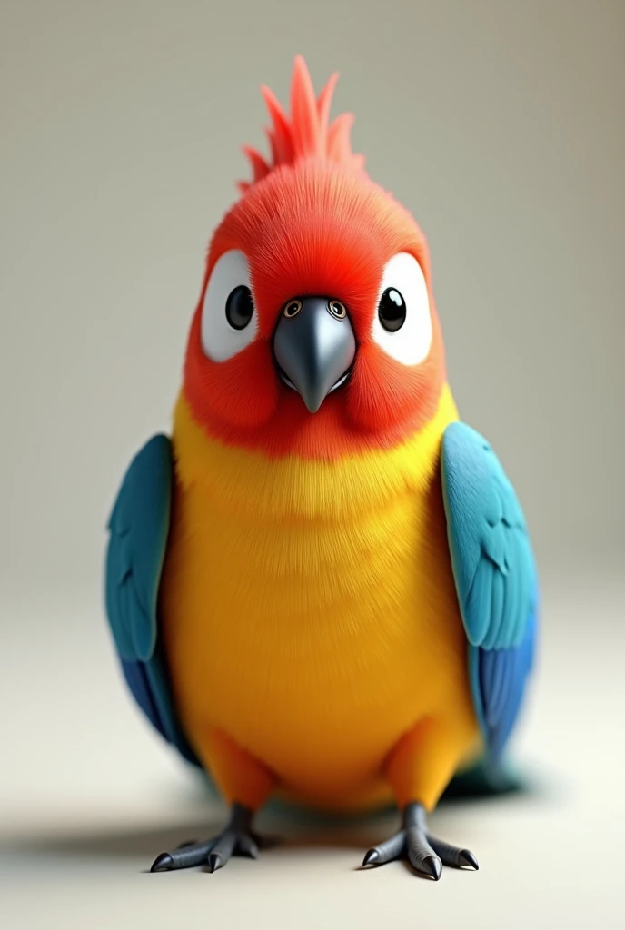 3d animation, of a bird with a red head with white cheeks, yellow chest and blue wings, of the rosella species Parakeet-omnicolor platycercus eximius, with a neutral background in the image