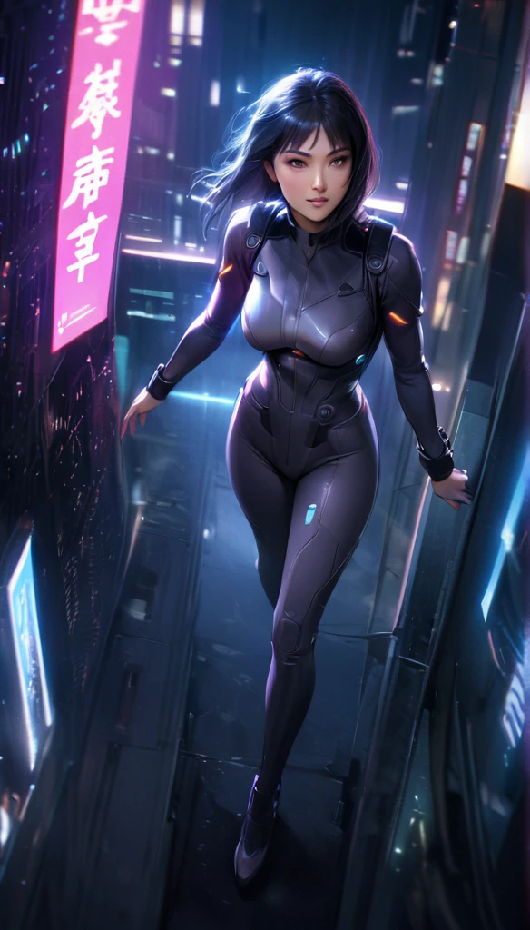 (best quality,highres,ultra-detailed,realistic:1.37), (full body shot:1.1), (high angle shot:1.1), (ohwx woman), Rinko Kikuchi as Motoko Kusanagi from Ghost in the Shell, Motoko jumps backwards with a flip from roof edge of skyscraper, dynamic shot, tall and confident, her face adorned with augmented reality features,The background is urban and futuristic, with towering skyscrapers and neon lights casting a vibrant glow. The lighting is atmospheric, emphasizing the shadows and highlighting the metallic details of the outfit. The overall color tone is cool, with a slight blue tint, giving the scene a futuristic and cyberpunk ambiance, full body shot, jacket, tactical suit